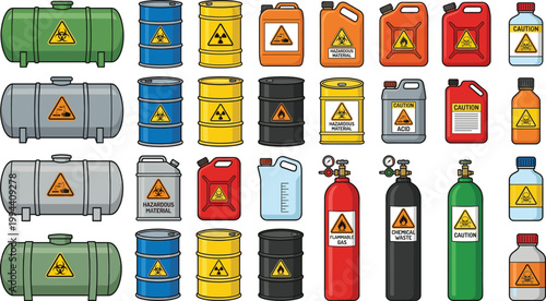 Hazardous Material Storage Containers and Chemical Waste Barrels Vector Illustration Set with Industrial Safety Warning Symbols