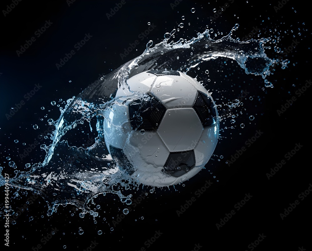 Naklejka premium Dynamic Soccer Ball Splashing Through Water on Dark Background – High Speed Sports Action Concept. 