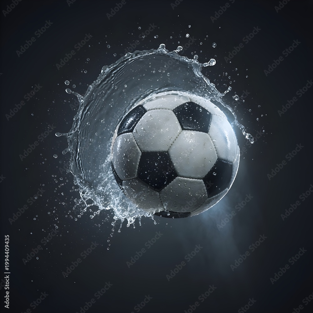 Naklejka premium Soccer Ball Bursting Through Water Splash in Motion on Dark Background – Dynamic Sports Impact Concept. 