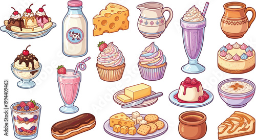 dairy products and desserts featuring milk, cheese, ice cream, cupcakes, and sweet treats