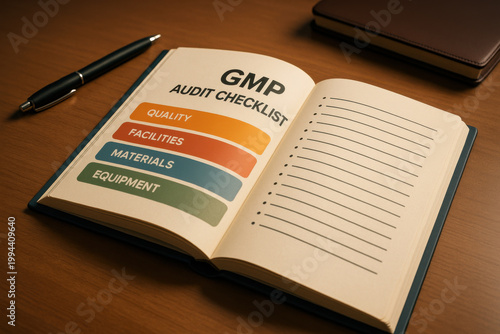 Professional corporate compliance audit with handbook checklist for quality and regulation review. focus on good manufacturing practice and standards in workplace