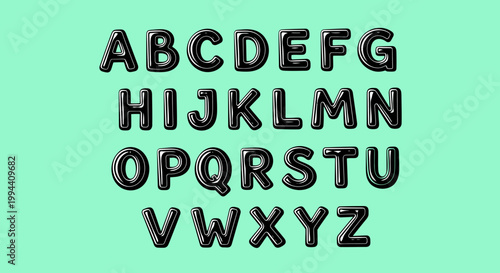Playful glossy black three-dimensional alphabet set on vibrant green background for creative design projects