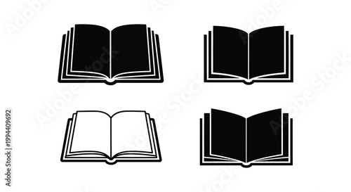 Four open books displayed in a minimalist monochromatic silhouette