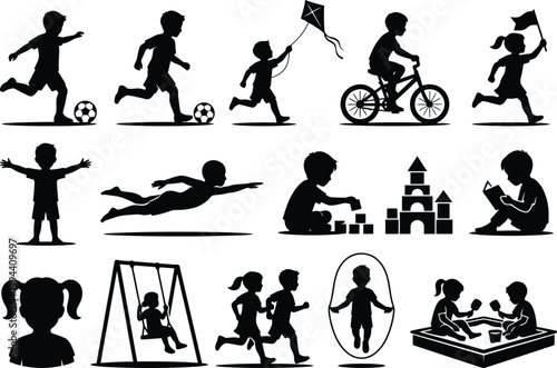 Children Activities Silhouette Icon Set Collection