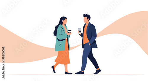 Flat design business people walking, couple holding coffee cups, modern illustration, office workers, daily commute