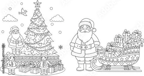 Christmas coloring page vector illustration with cute cartoon Santa Claus standing near decorated tree and sleigh full of gifts and children