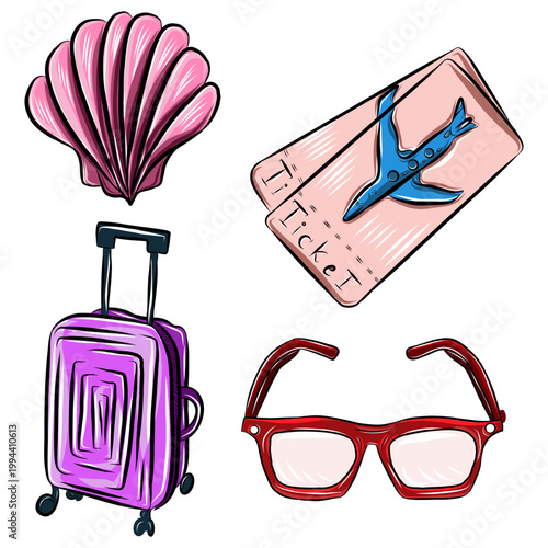 Vector color hand drawn set illustration, summer vacation accessories, black line art on white background