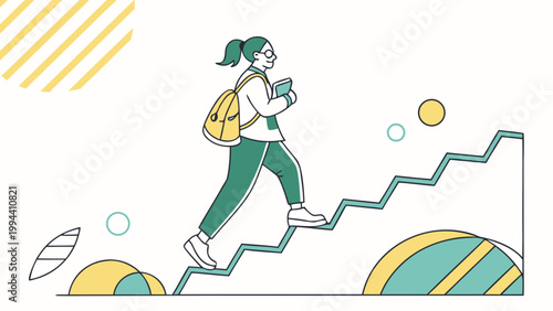 Woman walking upstairs with backpack moving upward growth concept illustration