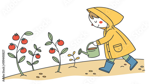 Child in yellow raincoat watering plants in garden with watering can illustration