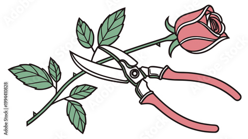 Garden pruning shears cutting rose stem with leaves flat illustration