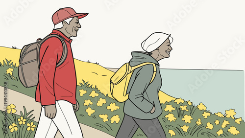 Elderly couple hiking along coastal path with backpacks enjoying nature and seaside view illustration