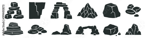 rock and stone icons set with boulders, cliffs and natural formations, minimal vector silhouettes isolated on transparent background