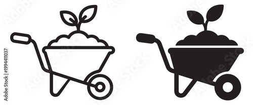 garden wheelbarrow with plant and soil, outline and silhouette vector illustration isolated on transparent background