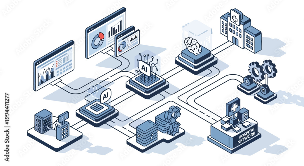 Fototapeta premium An intricate isometric illustration depicting a complex network of interconnected digital systems, AI, and data analytics, suggesting a sophisticated technological infrastructure.