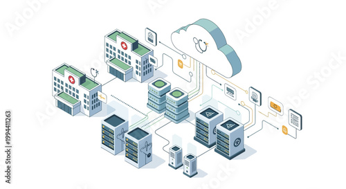 Modern healthcare IT infrastructure featuring interconnected hospitals, on-premises servers, and cloud-based services for data management and connectivity.