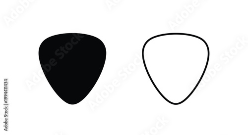 Two guitar picks one solid and one outlined in black and white silhouette