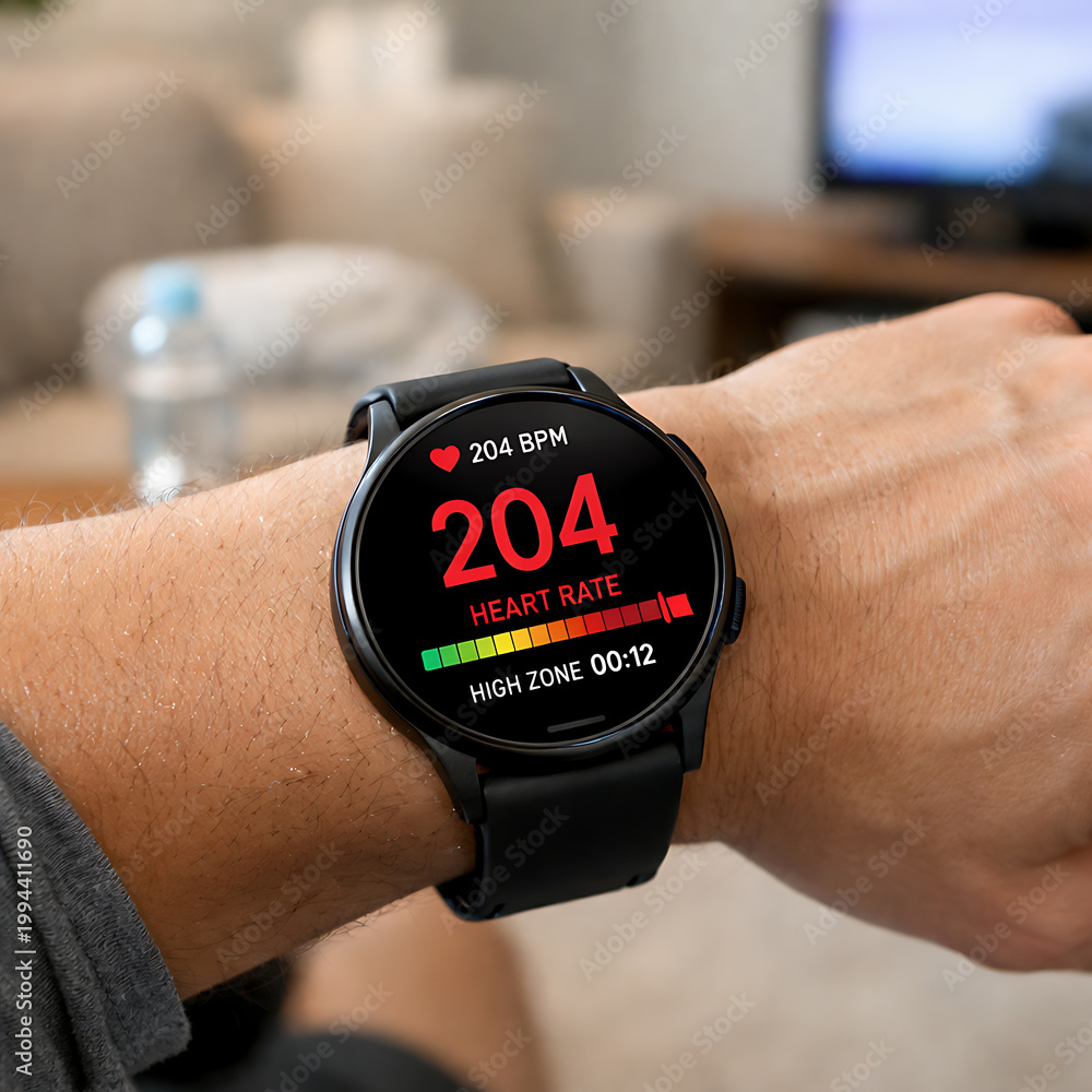 Fototapeta premium Man wearing fitness tracker on wrist showing high heart rate data during exercise indoors