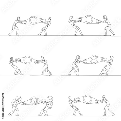 Single line drawing features a man, woman, arab, astronaut, and robot pulling a winner match belt. An intense business rivalry concept suited for a sports magazine cover layout design.