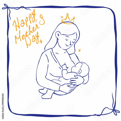 Happy Mother's Day - Crown Mom Breastfeeding Baby Hand Drawn Sketch Navy Blue Gold Rope Frame Vector