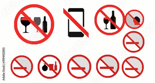 No eating drinking no phone and no smoking prohibition signs set public safety icons vector isolated on white
