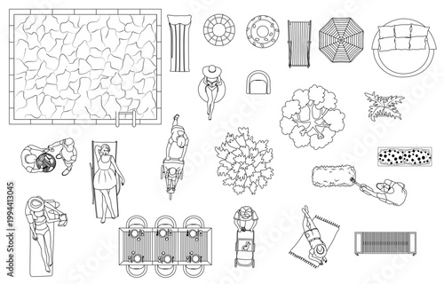 Top view outdoor park elements and people activities landscape plan vector set