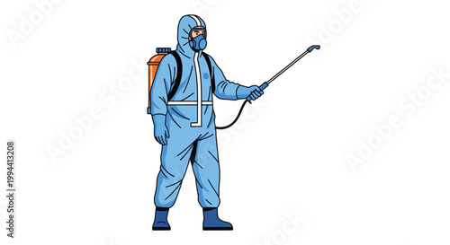 A person in a full protective suit sprays disinfectant with a long handled tool