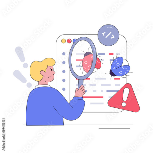      Virus under magnifying glass, debugging illustration 