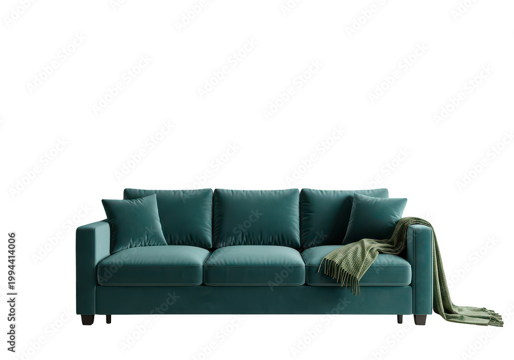 Fototapeta premium A contemporary three seater sofa upholstered in deep teal velvet fabric with a matching throw rug PNG isolated on transparent background