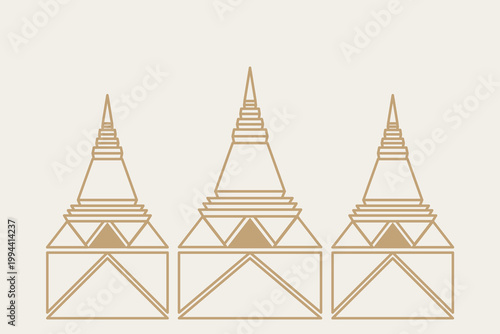 Minimalist Thai Pagoda Geometric Vector Illustration, Modern Gold Stupa Line Art for Tourism Branding, Elegant Asian Temple Landmark Icon Background for Travel and Culture Design