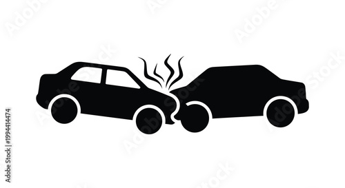 Two cars colliding head on depicted in a stark black silhouette