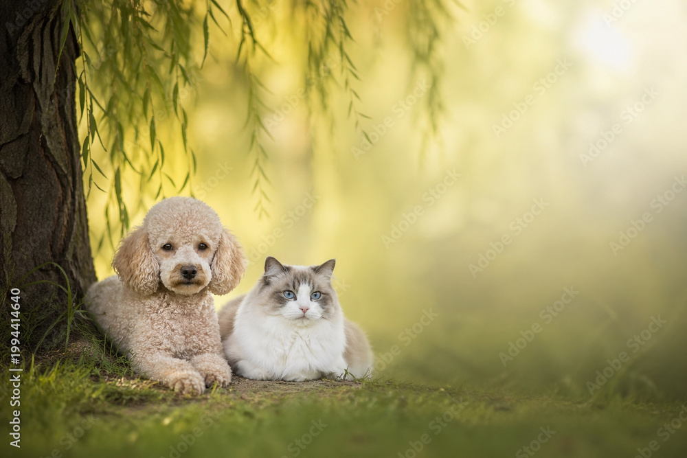 Fototapeta premium AI generated peaceful poodle and ragdoll resting under willow tree in soft morning light calm mood natural background gentle harmony and pet companionship