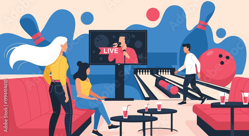 A vibrant illustration depicts a bowling alley scene featuring people a live broadcast and bowling pins