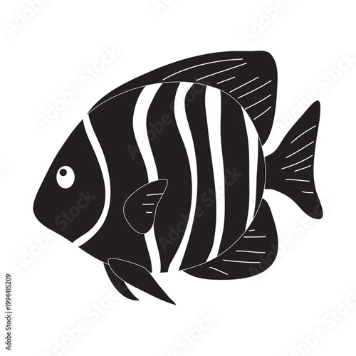 Black and white fish with stripes, seafood icon, isolated on white background for icons, logos, apps