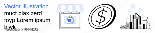 E-commerce, financial transactions, sustainability, renewable energy, economic growth, urban development. Storefront, coin symbol cityscape with wind turbines and solar panels. E-commerce