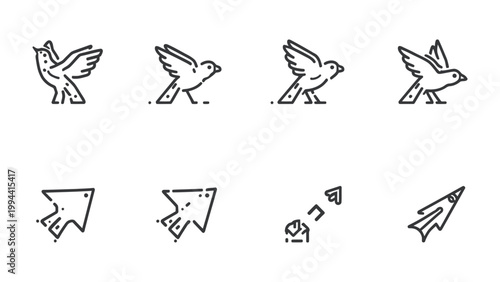 Dynamic Icons: A graphic representation of flight and direction. Featuring a sequence of animated birds, the icons offer a minimalist perspective to convey notions of journey.