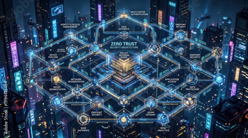 Futuristic cityscape with glowing blue network diagram and zero trust cybersecurity concept at night