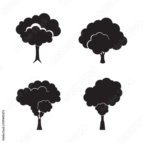 Black silhouettes of four trees with smoke coming out  industrial pollution concept
