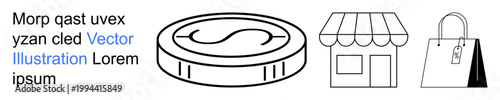 Online shopping, retail business, e-commerce, financial transactions, store management, sales concepts. Coin, storefront and shopping bag . E-commerce and retail business concept