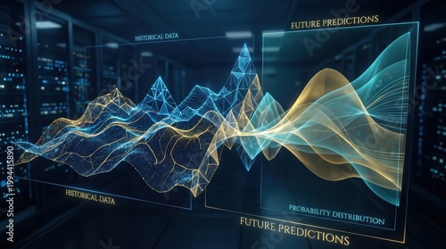 Futuristic data visualization with glowing blue and orange lines on a dark background with probability distribution and future predictions