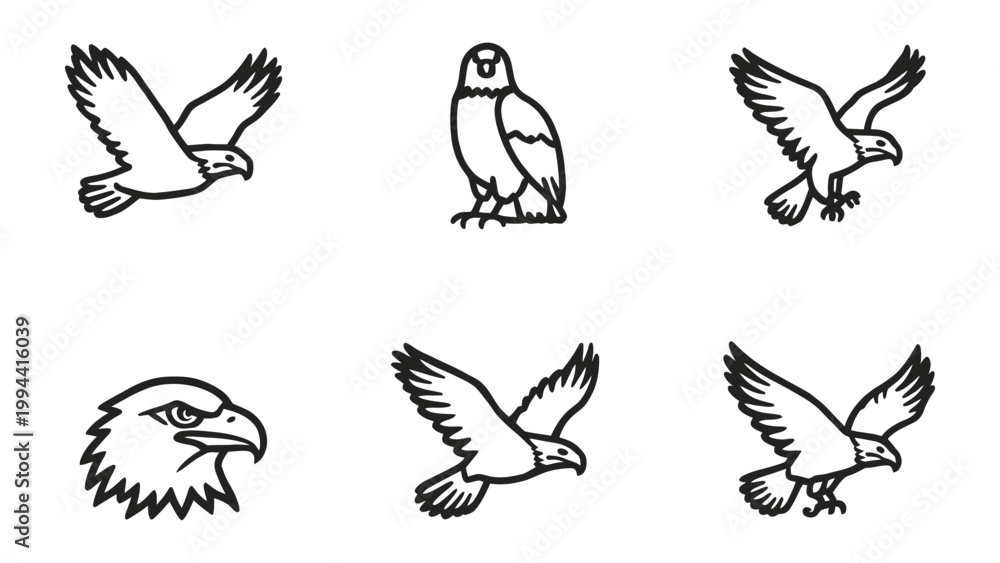 Fototapeta premium Eagle Icons: A set of six meticulously drawn icons showcasing the eagle in various poses, from soaring in flight to a proud head profile, each line art illustration representing power and freedom. 