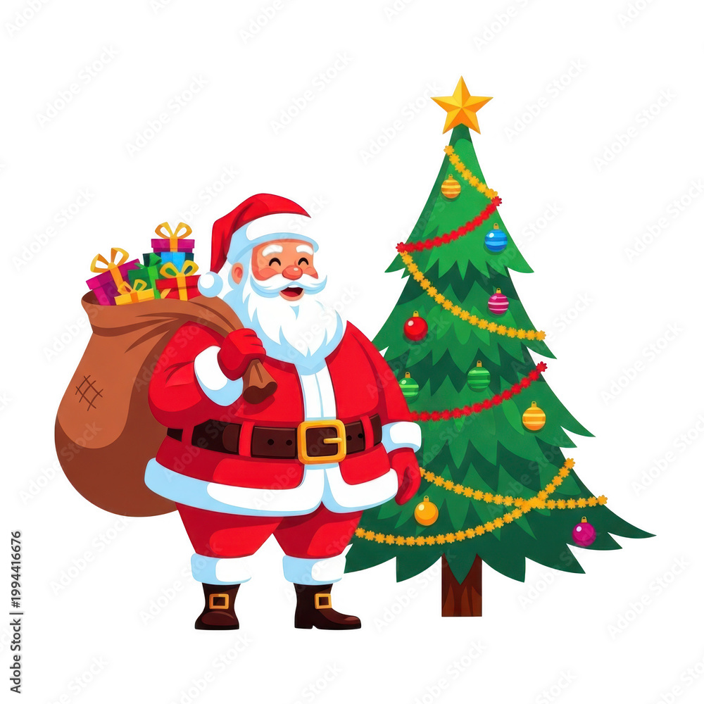 Fototapeta premium Santa claus standing beside a decorated christmas tree isolated on transparent background