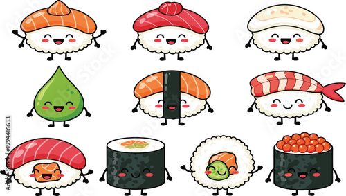 Cute Kawaii Sushi Characters Set with Funny Japanese Food Illustrations Including Nigiri Roll Wasabi and Salmon Cartoon Vector Collection.