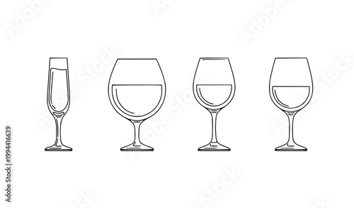 Wine glasses outline icon collection with unique shapes for beverage service editable stroke vector