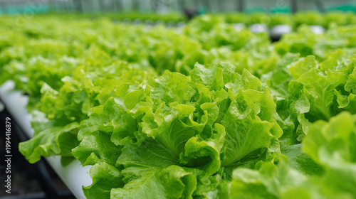 Salad farm vegetable green oak lettuce. Close up fresh organic hydroponic vegetable plantation produce green salad hydroponic cultivate farm. Green oak lettuce salad in green Organic plantation Farm