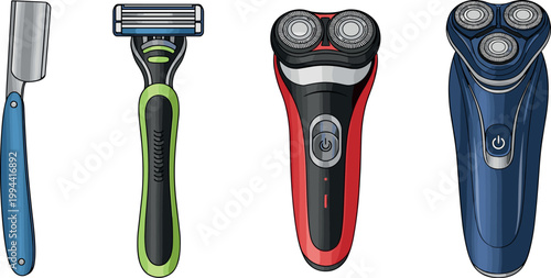 Electric and Manual Shaver Set in Various Designs for Grooming, Personal Care, and Shaving Illustration