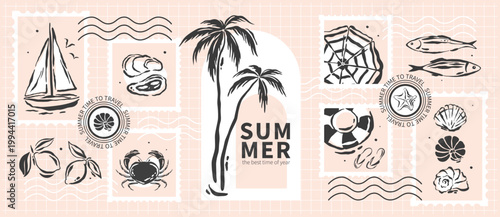 Mediterranean summer postage stamps about travel and vacation. Hand drawn design elements with palm trees, yacht, lemons, seashells, sardines, sun lounger. Vector illustration