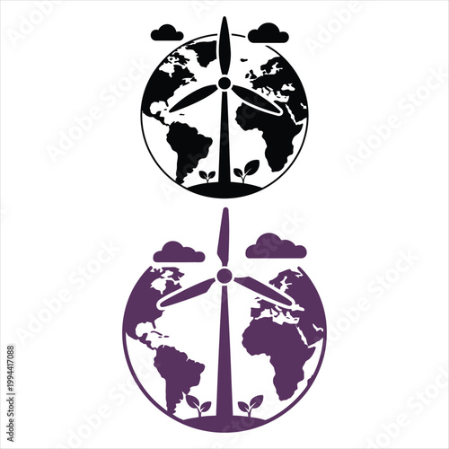 Two earth and wind turbine icons in black and purple