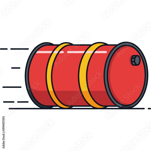 A red metal barrel rolls quickly across a surface outdoors.