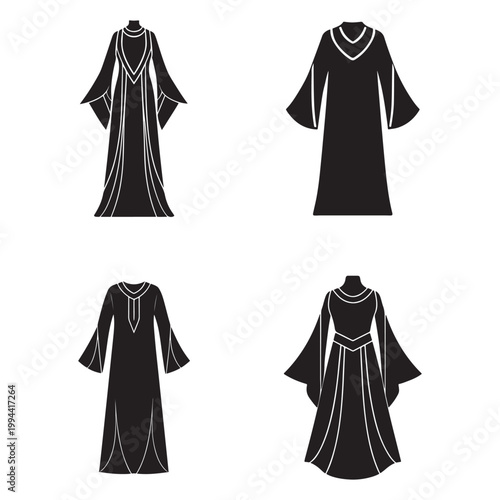 Four black and white illustrations of medieval fantasy robes with bell sleeves and white outlines on a white background