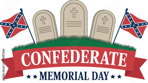  Confederate Memorial Day banner with gravestones and flags illustration, remembrance typography design honoring historical heritage, tribute and commemoration theme in USA